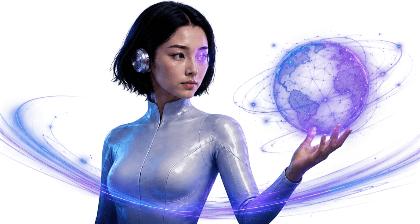 Katrina, a inteligência da Better, apresentando um globo holográfico que representa a rede global de dados