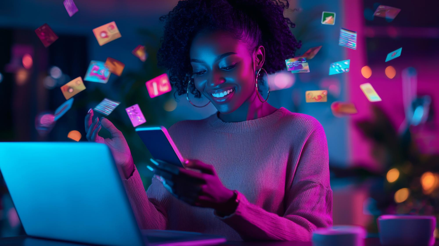 Moça com celular e computador, iluminação tech, marketing digital.