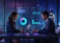 Dois executivos comparando propostas de consultoria de BI em paineis holograficos de analise