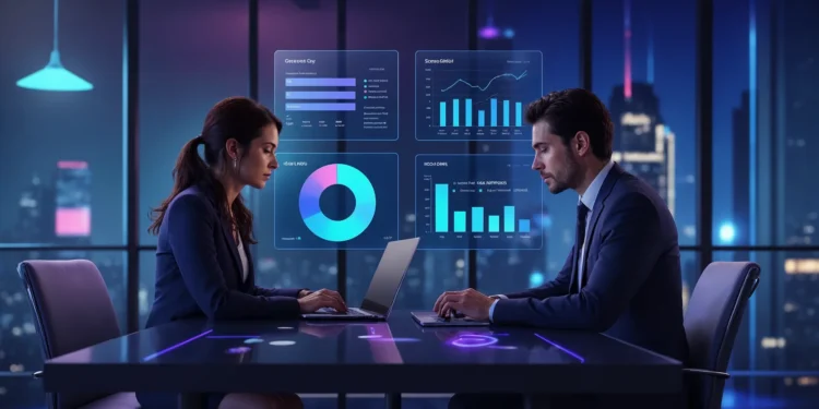 Dois executivos comparando propostas de consultoria de BI em paineis holograficos de analise