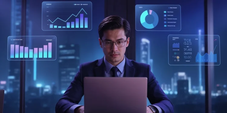 Gestor acompanhando cronograma holografico de tres fases para implementar compliance em 90 dias