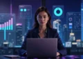 Executiva analisando painel holografico de matriz de risco e controles de um sistema de gestao de compliance