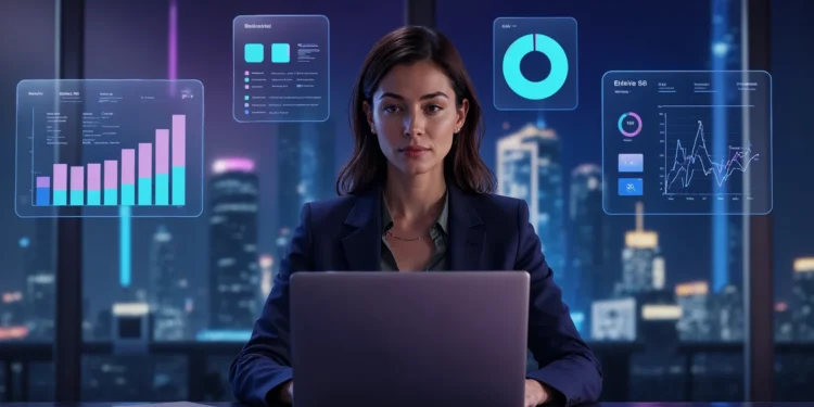Executiva analisando painel holografico de matriz de risco e controles de um sistema de gestao de compliance